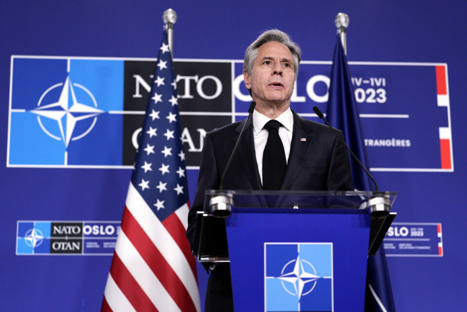 MØTE: USAs utenriksminister Antony Blinken på en pressekonferanse på Nasjonalmuseet i Oslo etter Natos uformelle utenriksministermøte. Foto: Javad Parsa / NTB / POOL