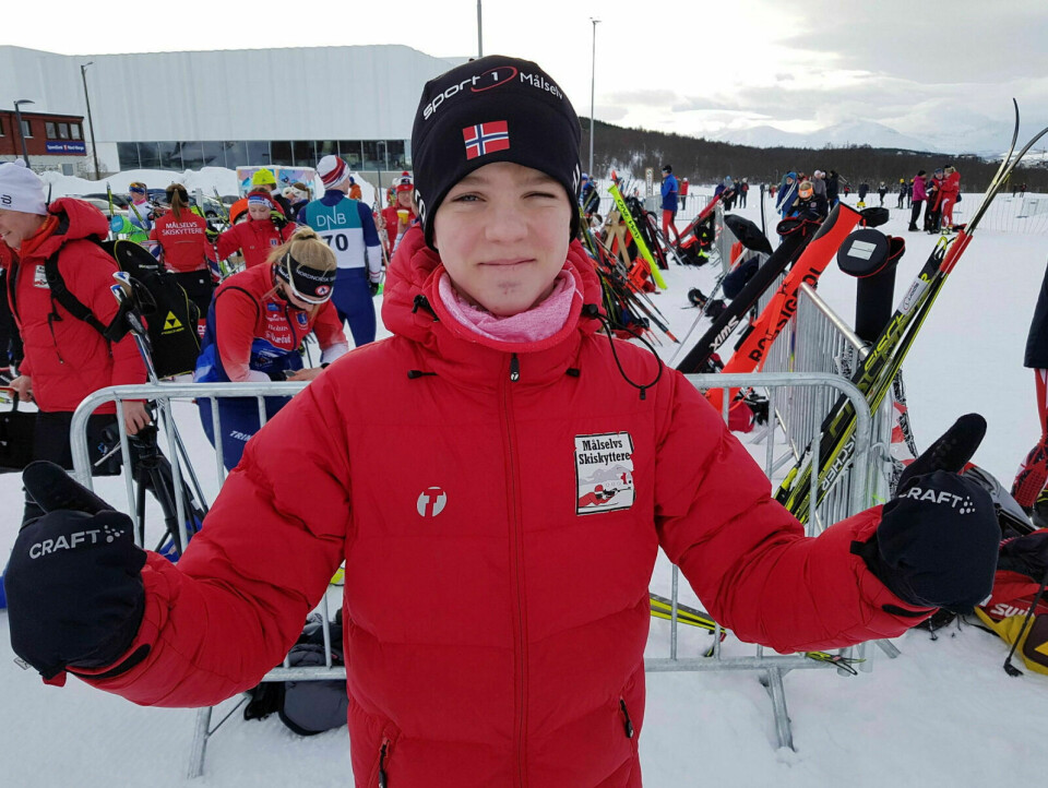 GLAD: Håkon Moen Karlstad fra Målselv idrettslag ble fredag nordnorsk mester i langrenn i 14-årsklassen. Dette bildet er fra NNM i skiskyting forrige vinter. Foto: Ivar Løvland