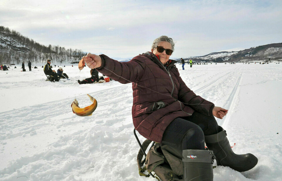 KLAR FOR NY SPENNING: 87 år gamle Kristine Fagertun er ei sprek dame som trives veldig godt med isfiske. –Jeg trives på isen, sier Kristine, som håper å være på plass når det lørdag er duket for isfiskekonkurranse på Sagelvvatn. Arkivfoto: Leif A. Stensland