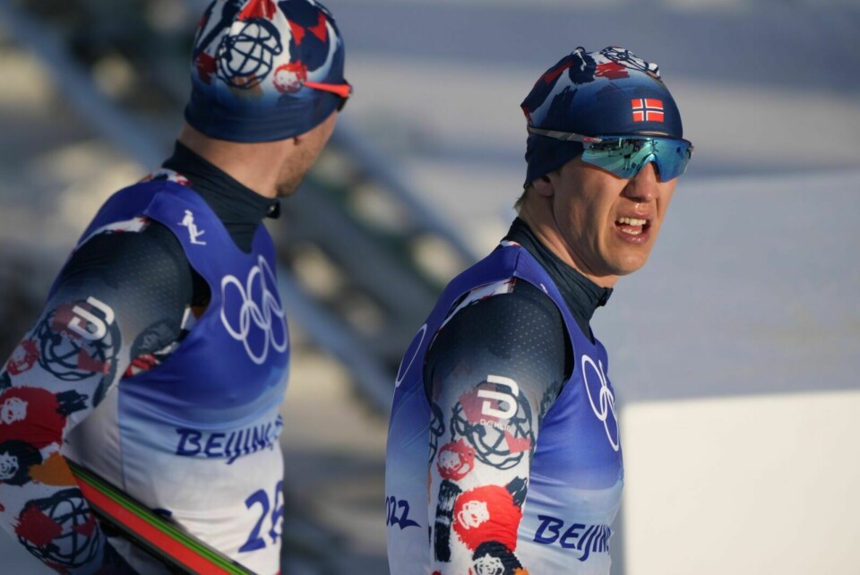 VIDERE I OL: Pål Golberg (t.v.) og Erik Valnes etter langrenn sprint fri teknikk prolog i Zhangjiakou under OL i Beijing 2022. Foto: Heiko Junge / NTB