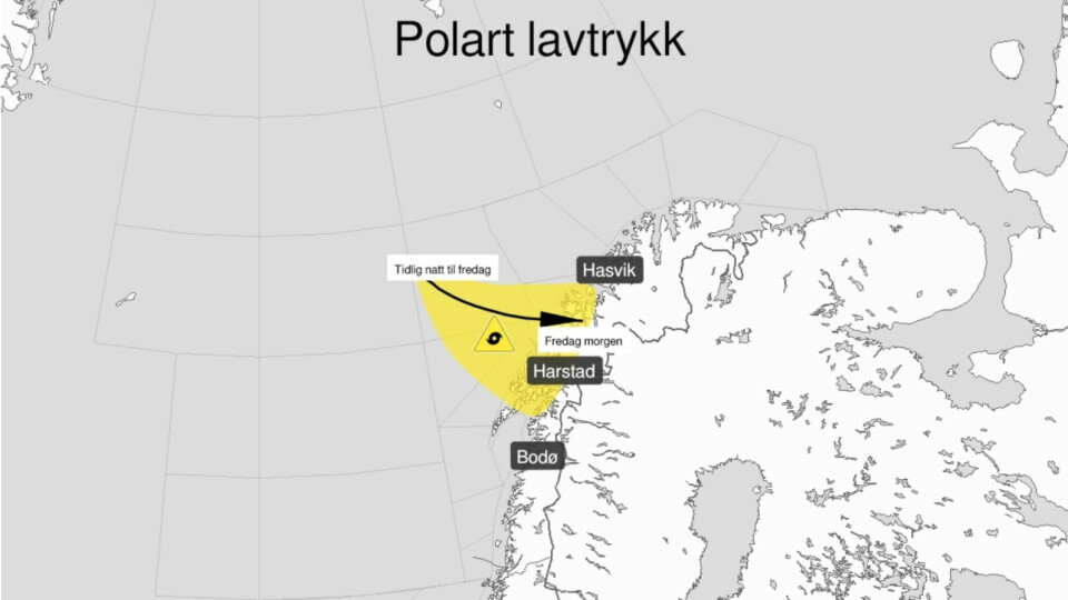 STERK VIND: Et polart lavtrykk forventes å treffe Troms i løpet av natt til fredag. Foto: Skjermdump fra yr.no