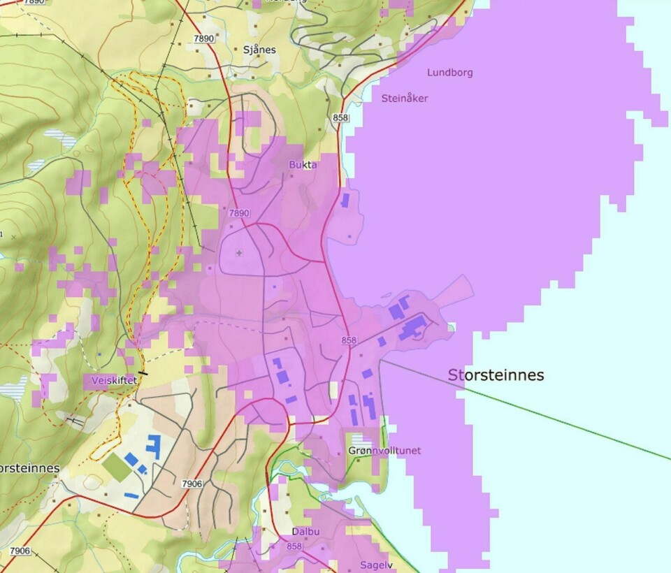 DEKNINGSKART STORSTEINNES: Dette kartet fra Telia viser dekningen i lilla farge.
