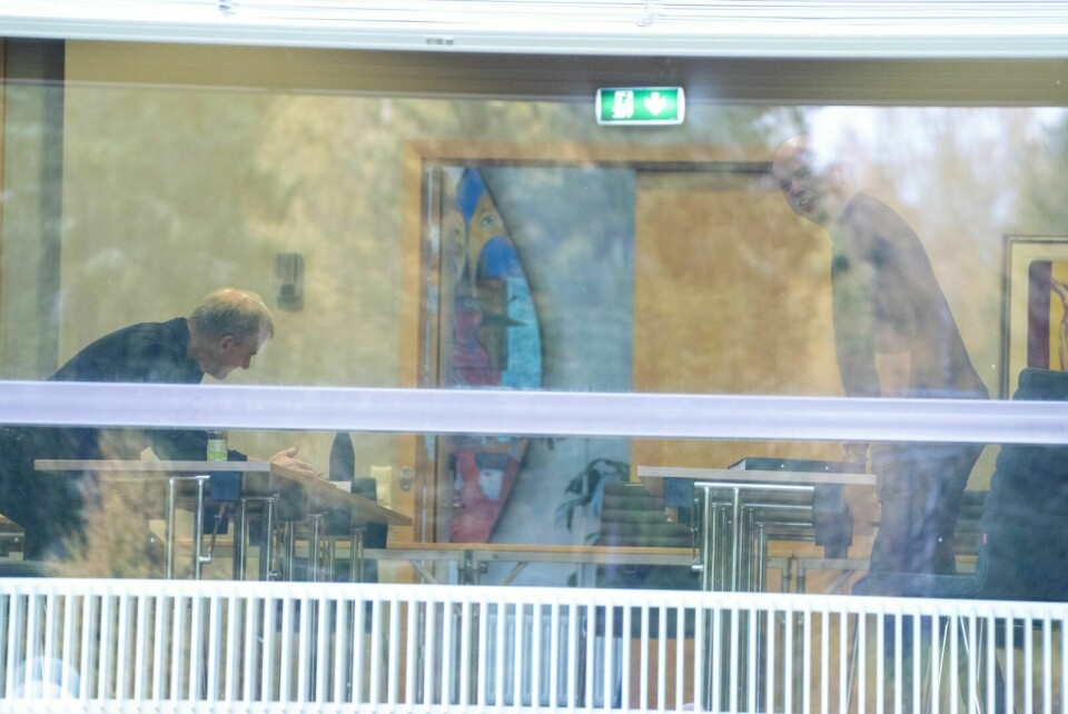 FORHANDLER: Ap-leder Jonas Gahr Støre og Sp-leder Trygve Slagsvold Vedum i møte på Hurdalsjøen Hotell. Bildet ble tatt torsdag. Foto: Terje Pedersen / NTB