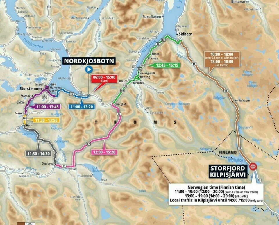 SPERREPLAN BALSFJORD: Her er planen som viser hvilke veier som blir sperret når i forbindelse med Arctic Race