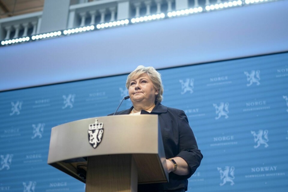 PLAN ENDRES: Statsminister Erna Solberg (H) på en tidligere pressekonferanse om gjenåpningen av Norge. Foto: Fredrik Hagen / NTB