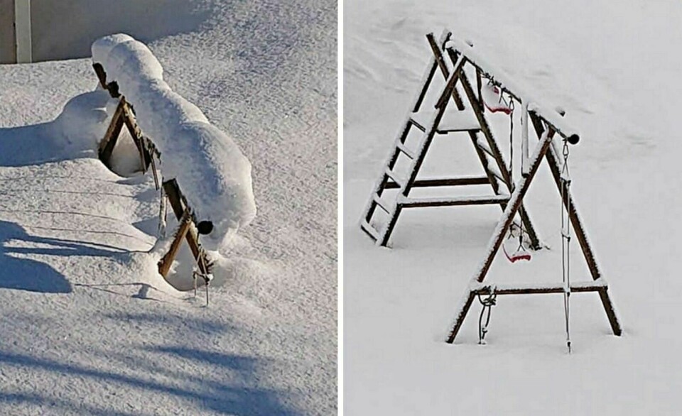 I FJOR OG I ÅR: Dette er bildene som havnet på værmeldinga mandag – snømengden i Olderveien på Setermoen i 2020 og 2021. Foto: Øistein Østgård