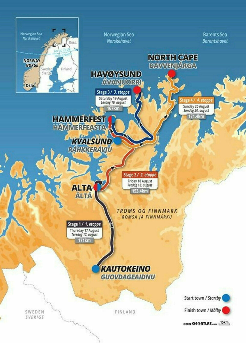 TILBAKE TIL FINNMARK: Arctic Race of Norway går fra Kautokeino til Nordkapp i jubileumsåret 2023. ILLUSTRASJON: ARN