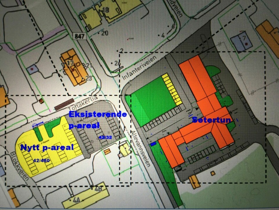 KART: Dette kartet forteller hvor Forsvarsbygg ønsker nytt parkeringsområde.
