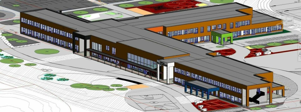 NYSKOLEN: Den nye skolen blir bygd med kapasitet til å ta imot alle elever i 1.-10. klasse fra hele komunen. Foto: ILLUSTRASJON: BP3 PROSJEKT AS