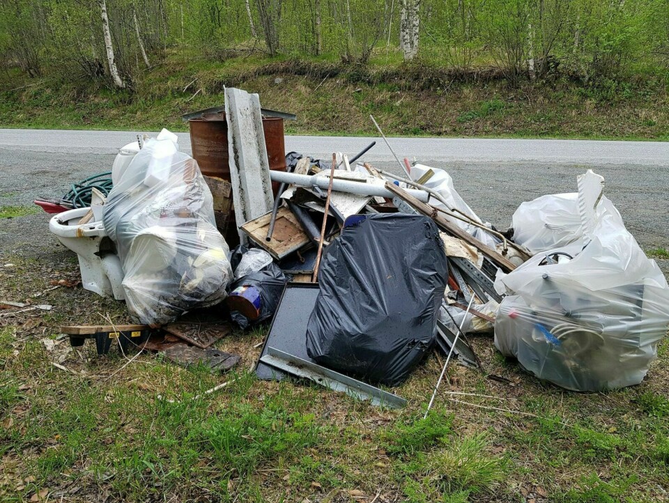 SØPPELBERG: Dette er resultatet etter at Dag og Åse Haug plukka søppel langs gammelveien mot Seljelvnes nylig. Foto: Ivar Løvland