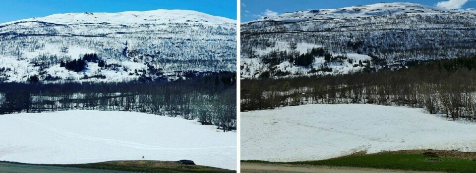 2017-2020: Det var mer vinter og snø i Salangsdalen i 2017 enn nå i 2020. Disse to bildene er tatt på samme dag med tre års mellomrom – begge 1. juni. Foto: Cato Haakseth