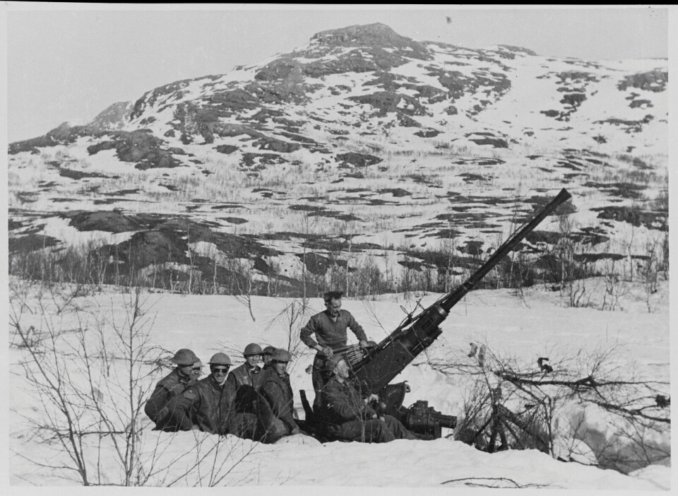 LUFTVERN: En 40 mm Bofors luftvernkanon fra 3. lette luftvernbatteri i den britiske hæren i traktene ved Øse i Gratangen i første halvdel av mai 1940. Batteriet hadde åtte luftvernkanoner ved flybasen på Bardufoss og fire som støttet de norske og franske styrkene i området Gratangen-Bjerkvik-Øyjord. FOTO: UKJENT
