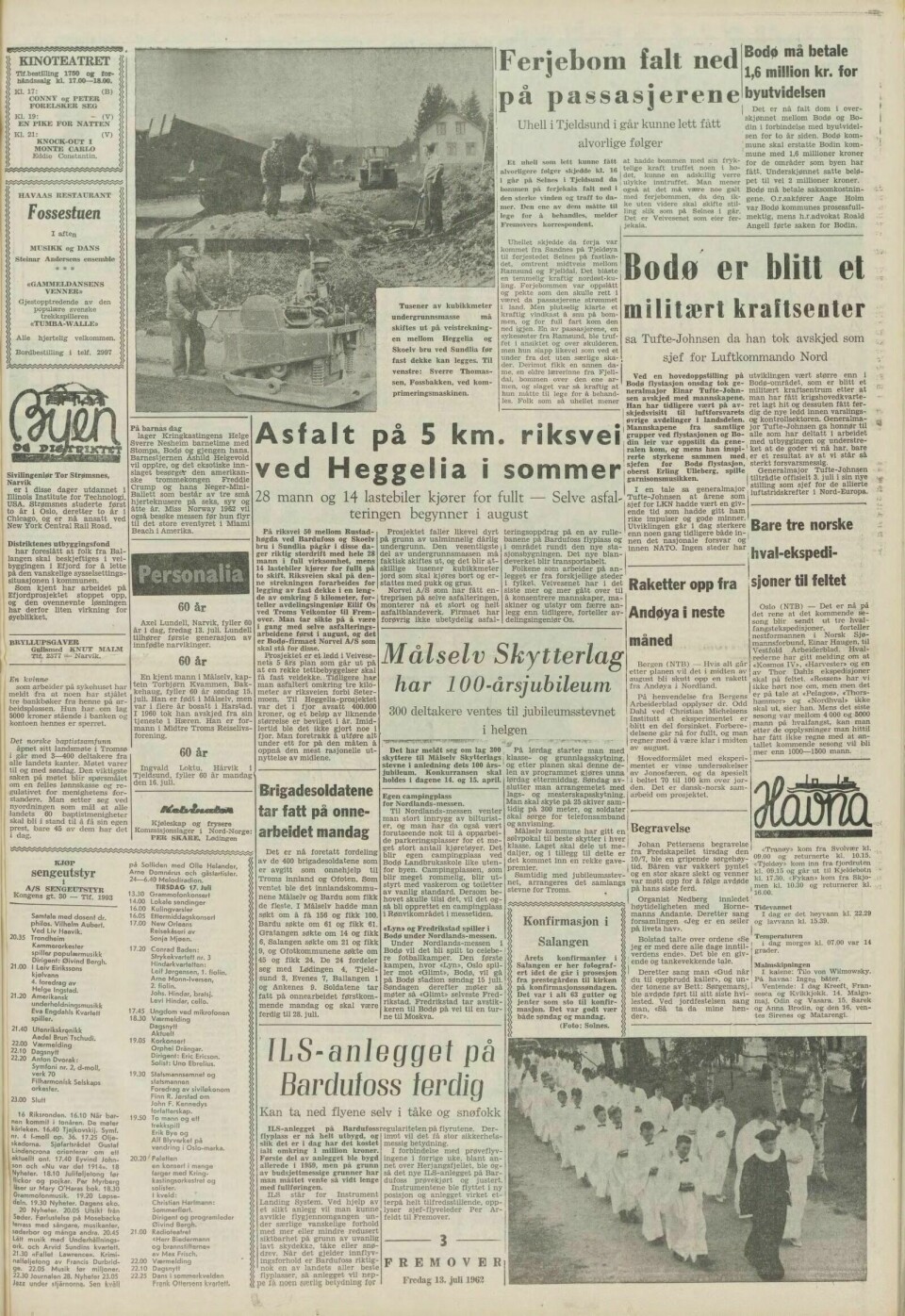 58 ÅR GAMMEL: Eksempel på ei avisside som ligger på Nasjonalbibliotekets nettside. Fra Fremover 13. juli 1962.