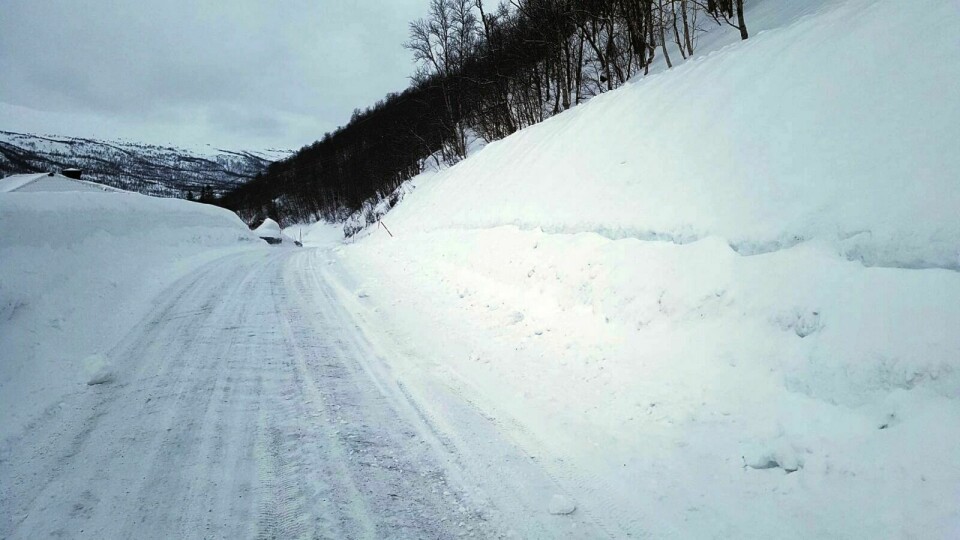 SMAL VEI: Snøen ryr ned i form av klumper når veien blir brøytet på grunn av de høye kantene. Foto: Per-Ludvik Hanstad