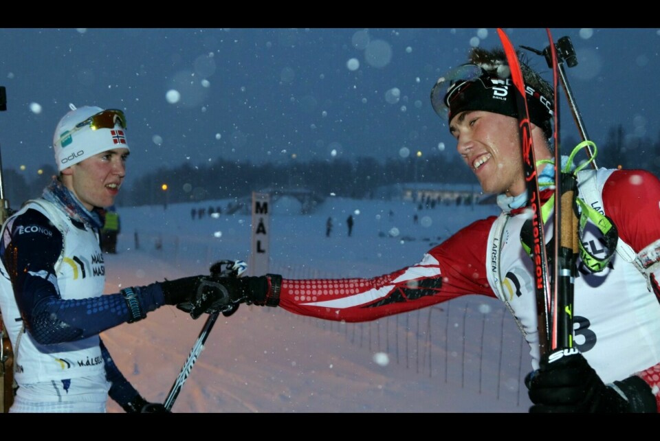 BEST: Morten Hol (t.h.) var best i sesongens første duell med Trym Silsand Gerhardsen i uværet på Bardufoss søndag. Foto: Ivar Løvland