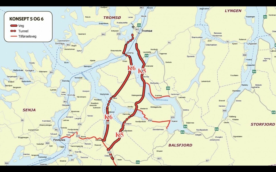 UTREDES VIDERE: Disse alternativene via Malangen er aktuelle som ny innfartsveg til Tromsø. Illustrasjon: Statens vegvesen