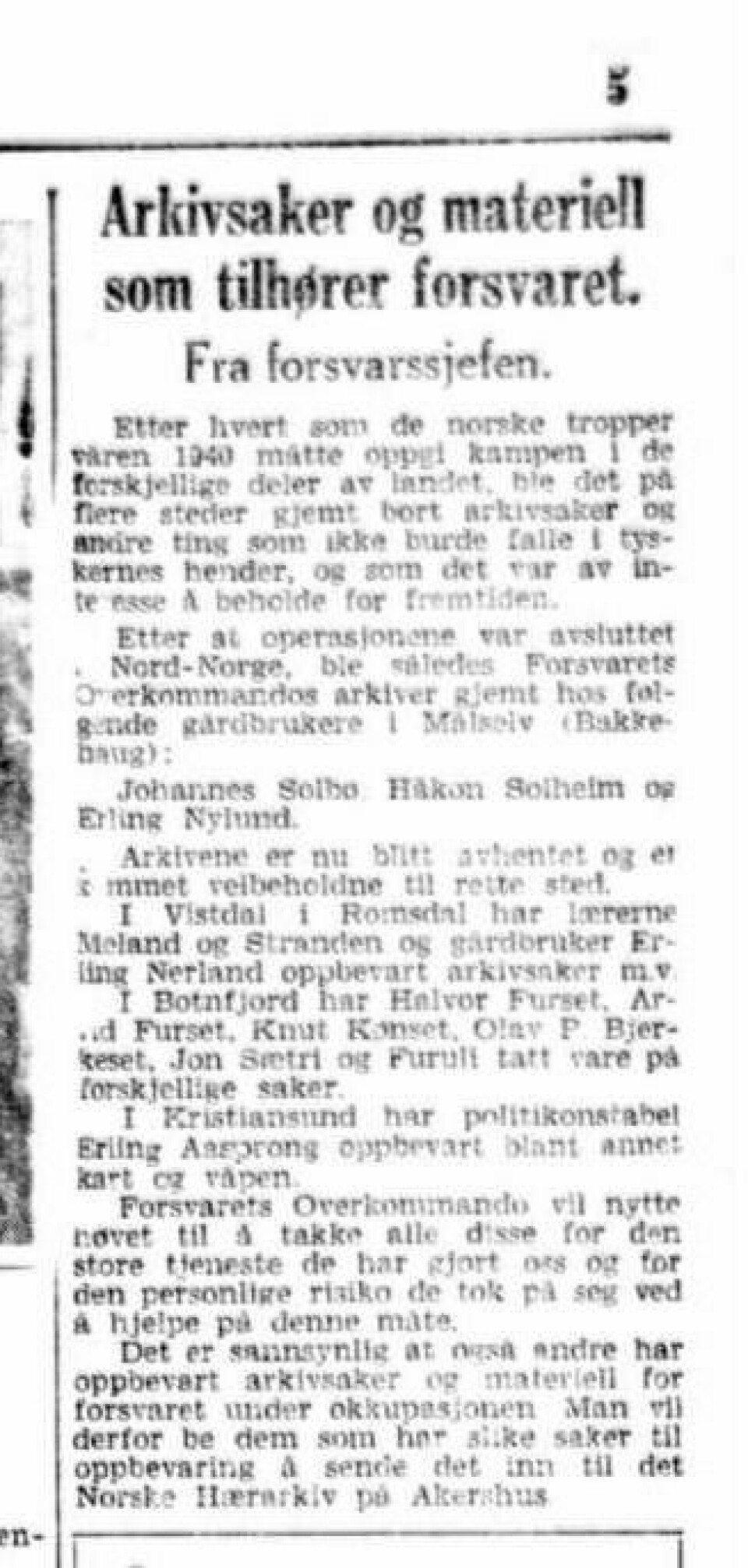 ARKIV PÅ AVVEIE: Denne notisen sto på trykk i Aftenposten 24. september 1945. I den skrev forsvarssjef Otto Ruge at arkivet til Forsvarets overkommando var kommet til rette i Målselv. Etter det forsvant arkivet.
