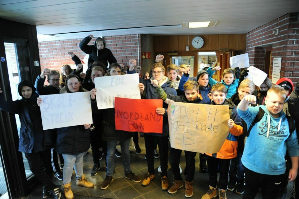 KLIMASTREIKERE: Bildet er fra Storsteinnes-elevers streik i mars. Foto: Maiken Kiil Kristiansen (arkiv)