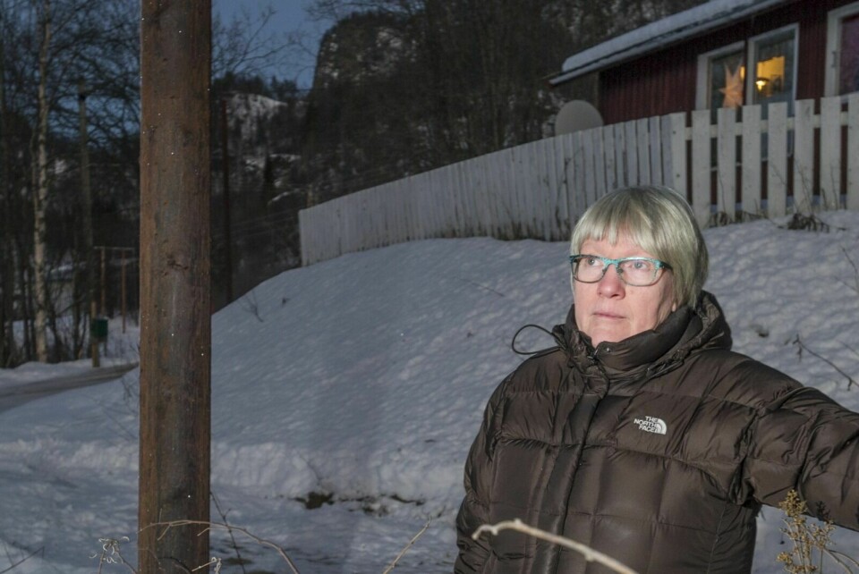 KREOSOT: Solveig Nilsen kan dokumentere at hennes astmaplager er blitt verre etter at kreosot-stolpene ble satt opp ved huset hun bor i. De utsondrer en gass som hun ikke tåler. Foto: Terje Tverås