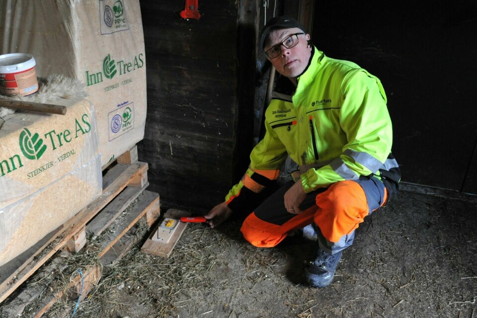 OPPGITT: Bonde Hans Andreassen viser den ene rottefella han har plassert i siloen på gården sin. Han frykter gnagerne gjemmer seg i ulike åpninger i bygget. Foto: Sol Gabrielle Larsen