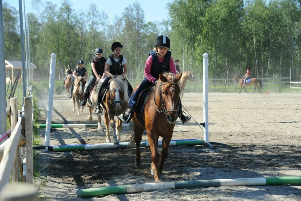 HOPP: Jentene som denne uka er på rideleir på Stall Kjærnes begynte tidlig denne å øve på å hoppe over lave hindre med hestene sine. Foto: Maiken Kiil Kristiansen
