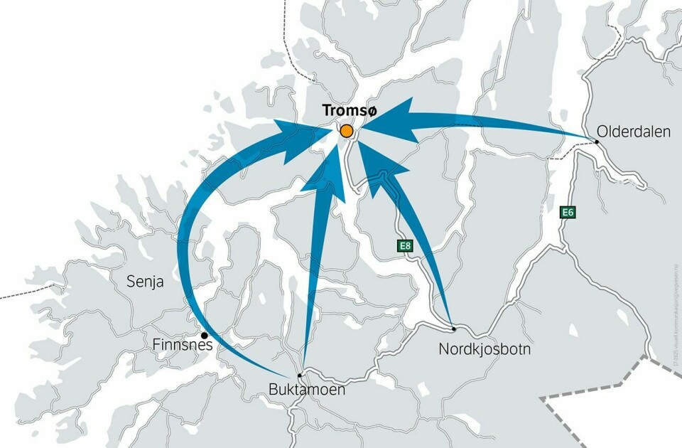SKAL UTREDES: De fire hovedinnfartsårene til Tromsø er tema for ei utredning Statens vegvesen skal lage på oppdrag fra Samferdselsdepartementet. Utredninga skal være ferdig i 2019. ILLUSTRASJON: STATENS VEGVESEN