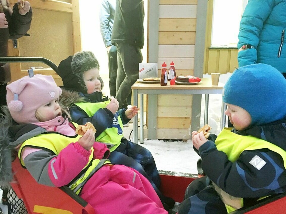KOSTE SEG: Aurora, Daniel og Eirik koste seg med vafler og saft da de og avdelinga Smørbukk i Nordaførr barnehage besøkte julegata på Bardufoss videregående skole. Foto: Roger Nilsen