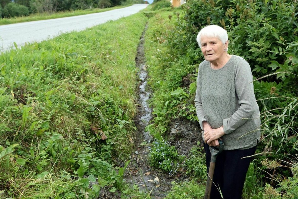 MÅKET: 81-årige Magda Kvitberg er ikke som 81-åringer flest. Hun har egenhendig måket opp og rensket veggrøfta fra egen avkjøring og til stikkrenna som ligger 30 meter bortenfor. Foto: Ivar Løvland
