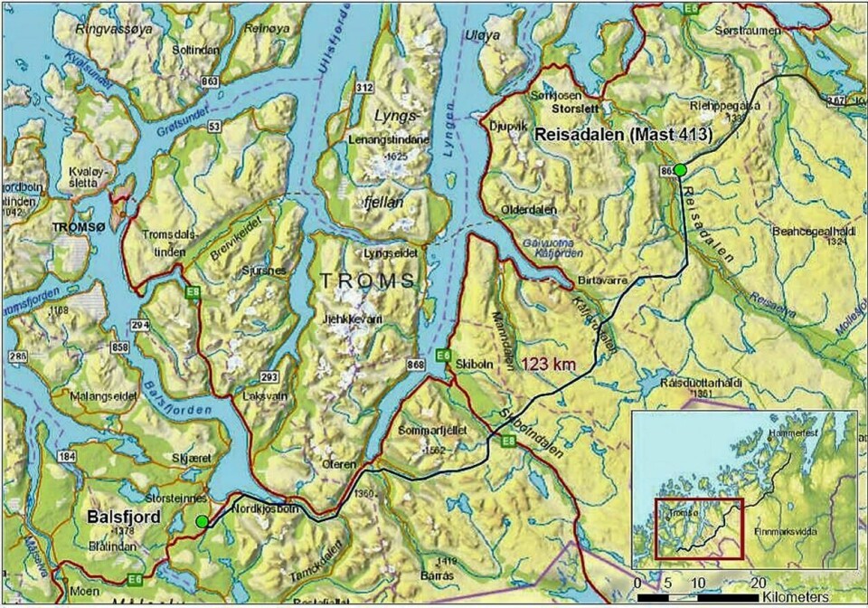 5300 TONN STÅL: På strekningen Balsfjord til Skaidi skal det settes opp 370 master og til sammen vil det gå med 5300 tonn stål til prosjektet som har byggetid på ca. fire år. Kartet viser linja til Kvænangen.