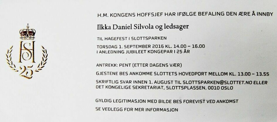 EN ÆRE: Ifølge invitasjonen er det en ære å invitere Silvola til Slottsparken.