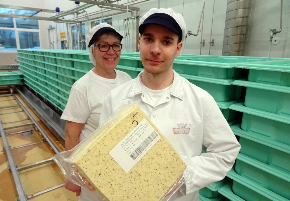 NYBROTTSARBEID: Sissel Kjoshaug og Ola Moen er blant ansatte hos Tine på Storsteinnes som har fått i oppdrag å produsere pepperost til hele Norge. Foto: TINE
