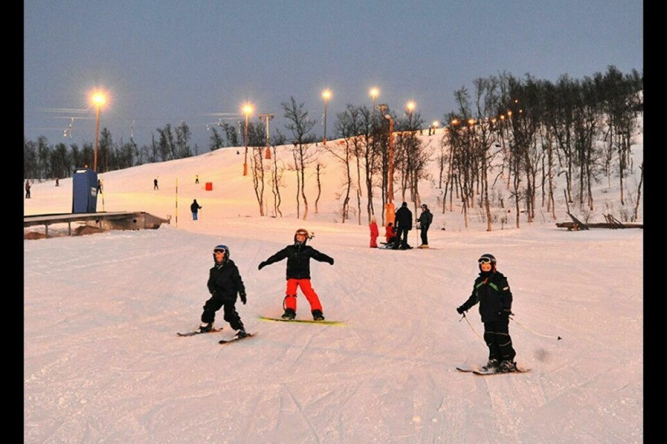 SKIGLEDE: Sander (7), Leon (11) og Sebastian (9) liker godt å kjøre på ski og snowboard, og kjørte mange runder i barnebakken lørdag. Foto: Toril F. Ingvaldsen