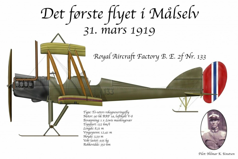 MODELL: Flyet Hilmar Knutsen landet med var et toseters militært rekognoseringsfly av typen BE2. Vinger og flykropp var av en type materiale som ikke bare var lett, men også lett antennelig. Flyet veide under et tonn hadde en rekkevidde på 350 kilometer. Flyet på bildet er ei detaljert tegning gjort av Kjetil Aakra ved Midt-Troms museum. Foto: Midt-Troms museum
