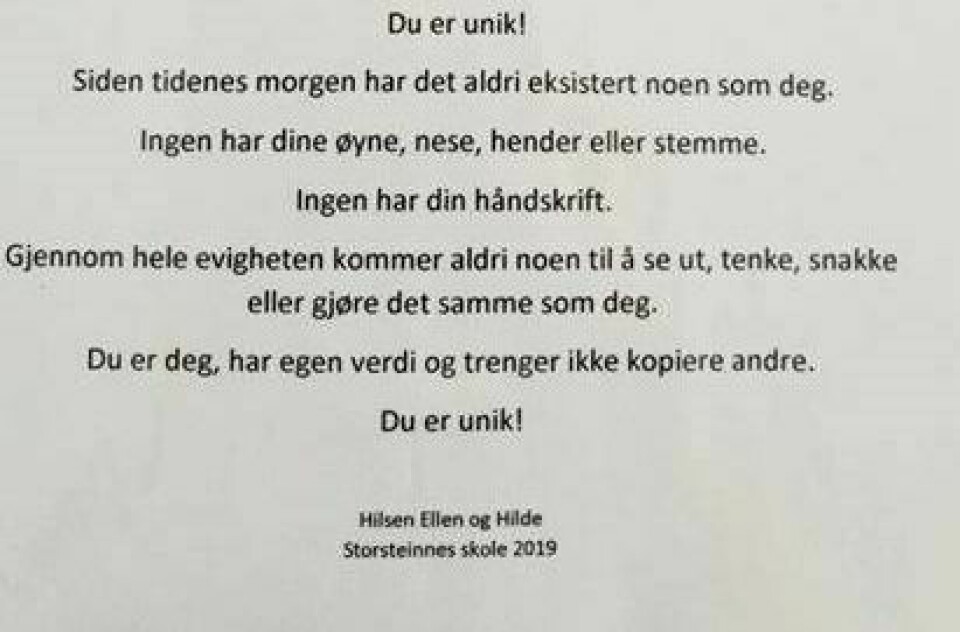 GODE ORD: Denne teksten fikk elevene ved 9. trinn på Storsteinnes skole servert ved siden av et ferskt bilde av seg selv på utplassering. Mange satt stor pris på dette. Foto: Privat
