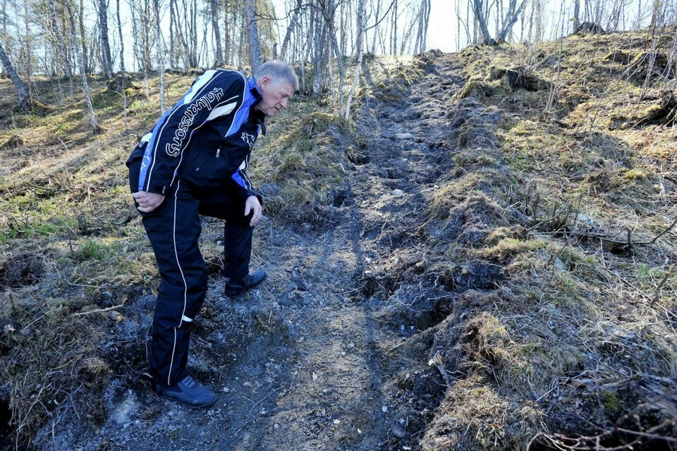 I BESTUSS: Grunneier Frank Kjølhaug oppdaget denne renna i skogen mandag. Den strekker seg fra toppen av bakken til vatnet. Han har ingen forklaring på hva dette egentlig er.