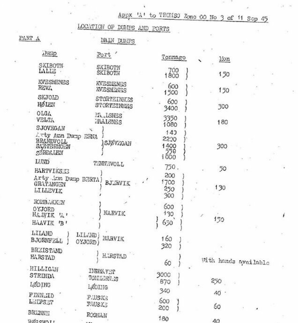 DOKUMENTASJON: I denne rap­porten står det svart på hvitt at 4000 tonn ammunisjon skulle frak­tes på slepebåt ut fra Stor­stein­nes. (Faksimile av dokument fra det britiske riksarkiv)