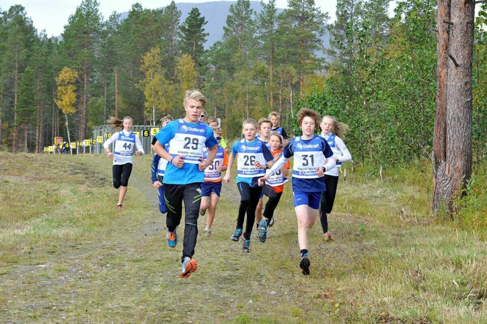 KRETSMESTRE: Ingrid Bjørnstadbråten (nr. 44) vant klasse jenter 14 år. Lars Gaute Steien (29) ble kretsmester i gutter 13 år, mens Sebastian Carho (31) vant 14-årsklassen etter å ha løpt raskest av alle som stilte til start på den 2,4 km lange distansen. Foto: Leif A. Stensland
