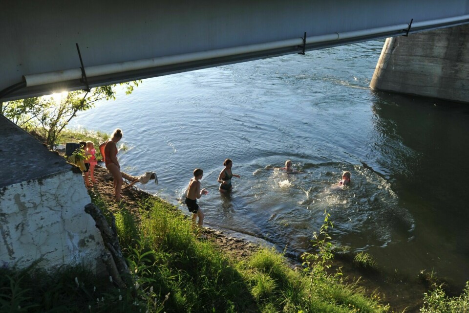 KJØLTE SEG NED: Med den høye temperaturen i lufta i juli var det flere som kjølte seg ned i det heller kalde elvevannet. Her ved Rundhaug-brua i Målselv. (Foto: Terje Tverås)
