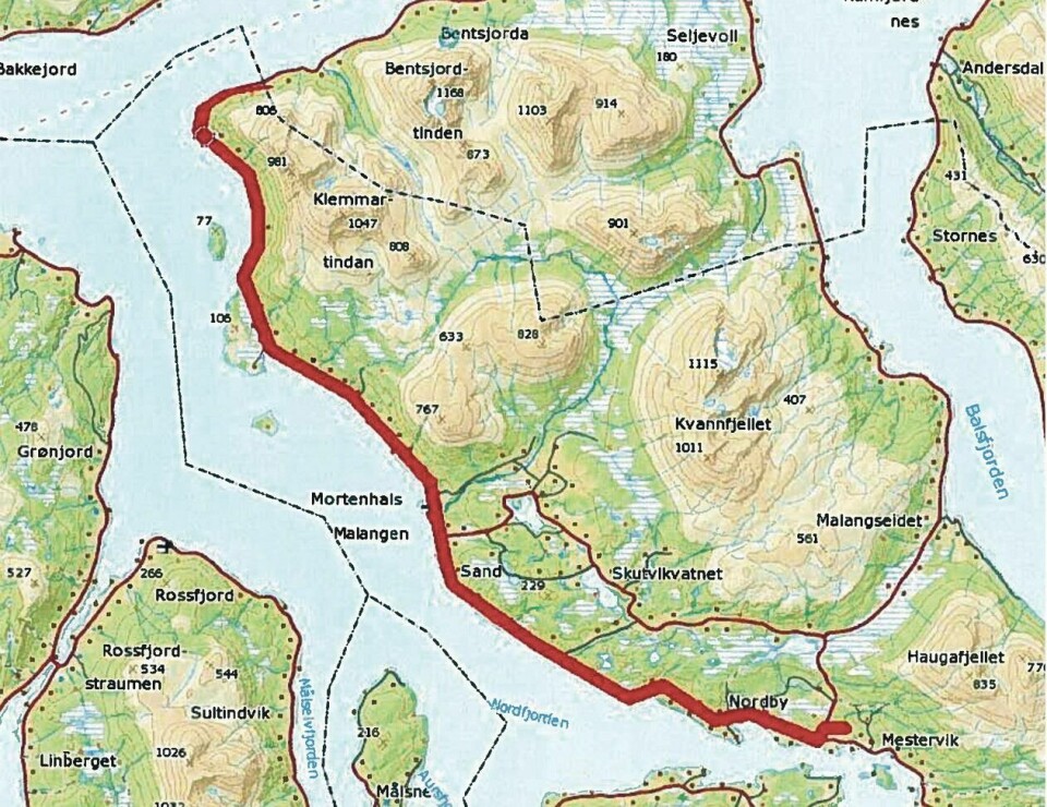 FIBER: Balsfjord kommune har planer om fiberutbygging på de markerte delene av Malangshalvøya.
