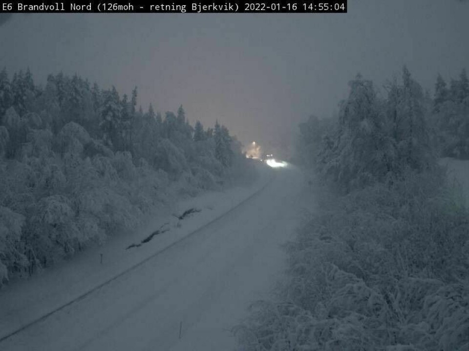 MYE SNØ: Slik ser forholdene ut på E6 ved Brandvoll klokken 14.55. Bildet fra vegkameraet er i retning sørover mot Bjerkvik. Foto: Statens vegvesen