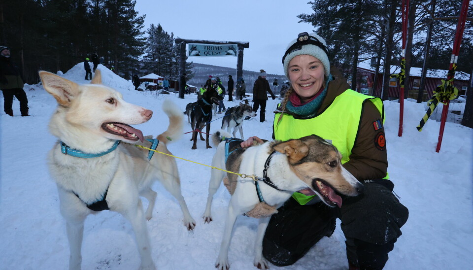 Løpsleder Ingvild Østli Johansen med lederhundene sine Kita og Tundra som sto først i spannet til Erle Dividal Skogstad i årets Troms Quest.